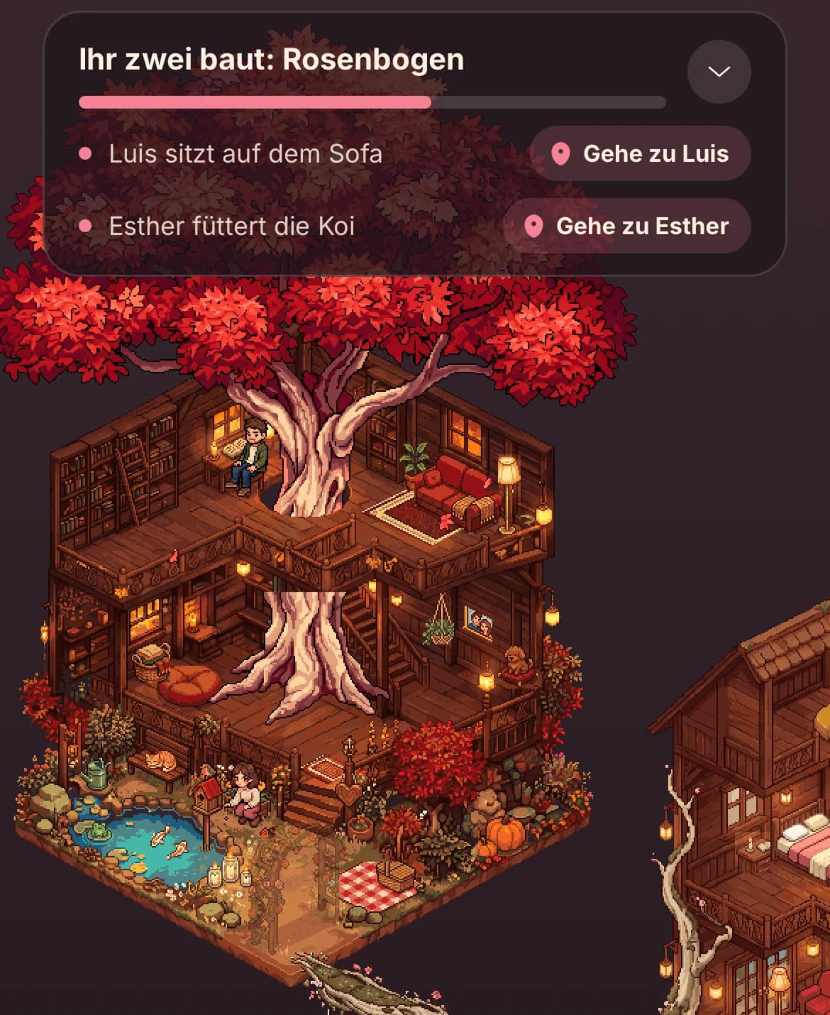 Die Avatare bauen einen Rosenbogen im Garten