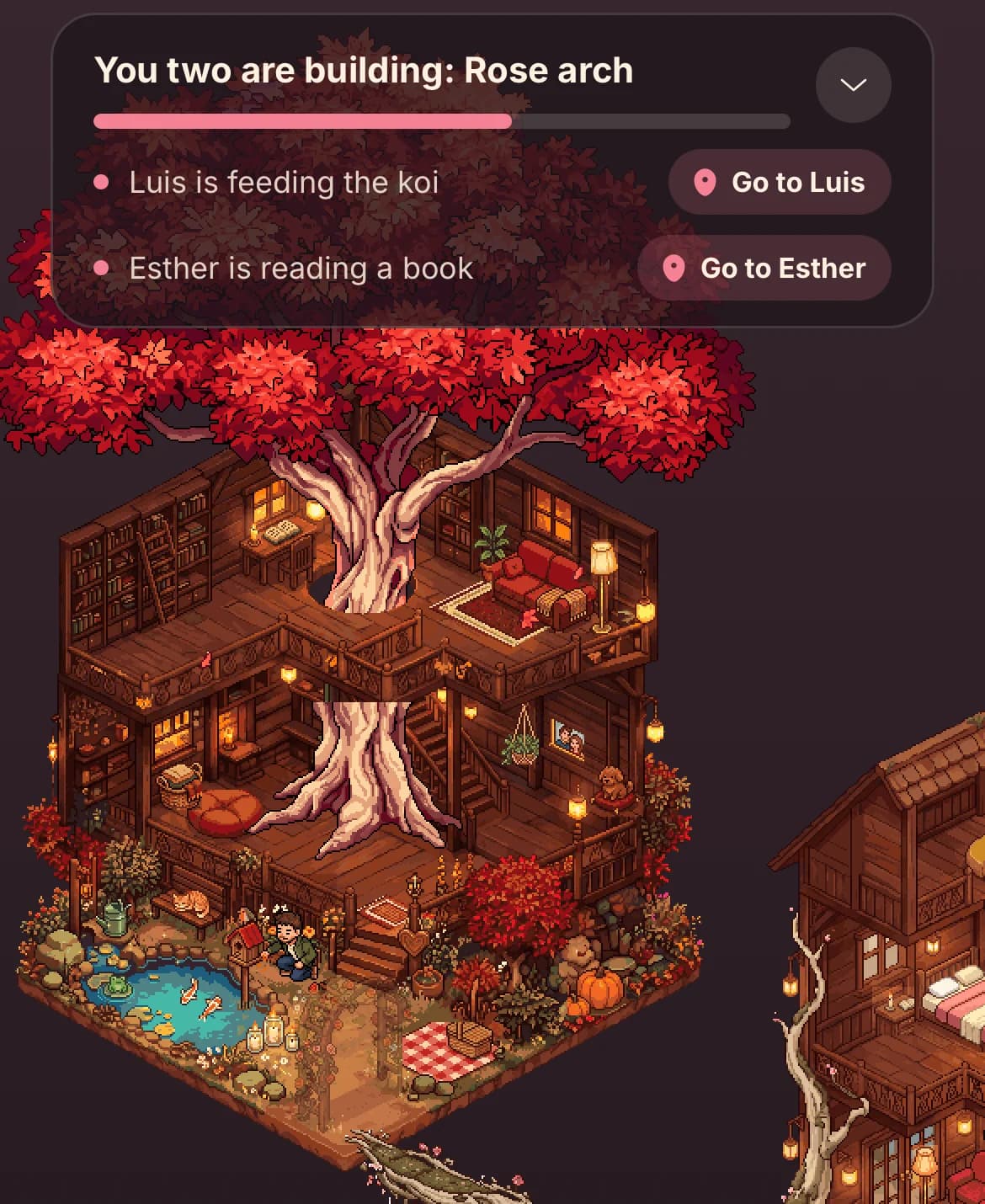 The avatars build a rose arch in the garden