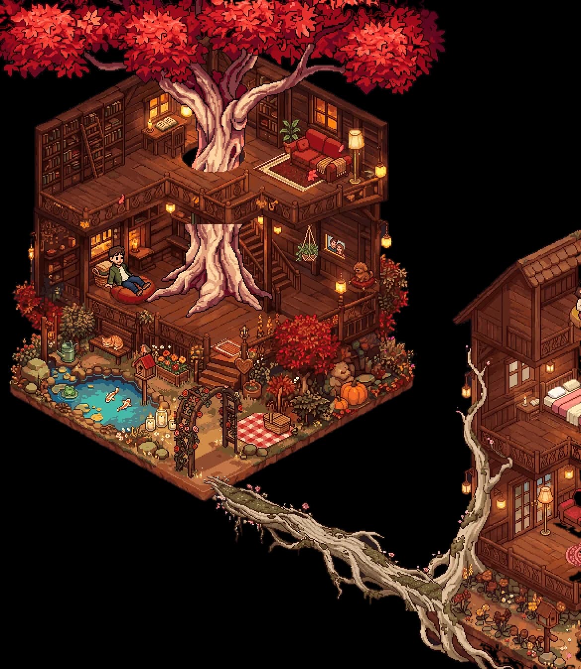 El hogar de una pareja totalmente construido: la casa en el árbol del alma, un jardín con estanque de koi, un arco de rosas y un puente de raíces hacia el dormitorio