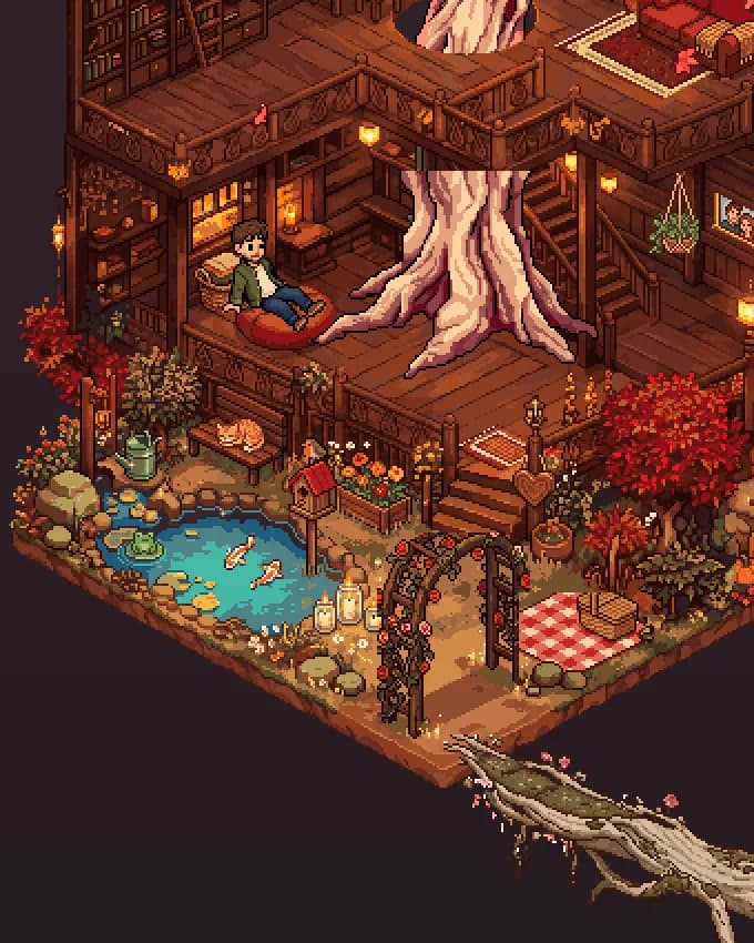 El jardín con estanque de koi, el gato en el banco y un avatar leyendo