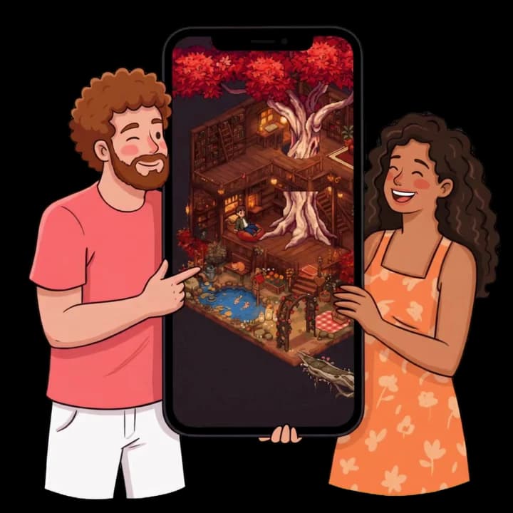 Una pareja se ríe junta mirando el móvil, con su hogar de Alma en la pantalla